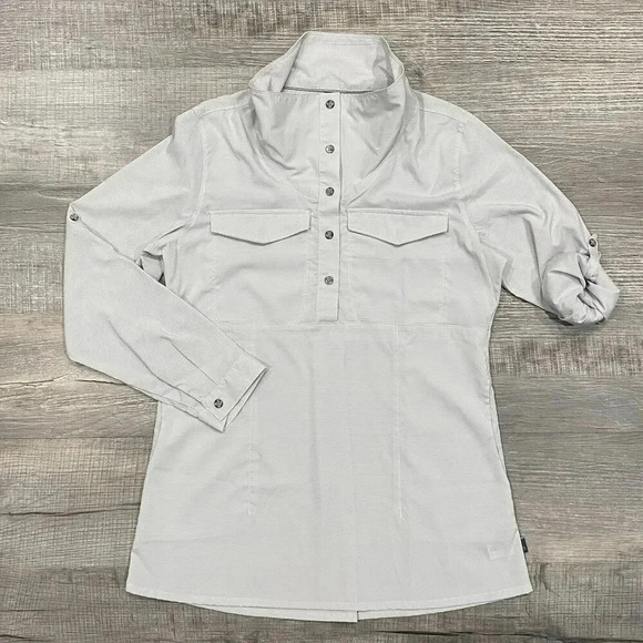 Mountain Hardwear Citypass Shirt Womens Large Gray Popover Striped Roll Tab EUC - Picture 2 of 16